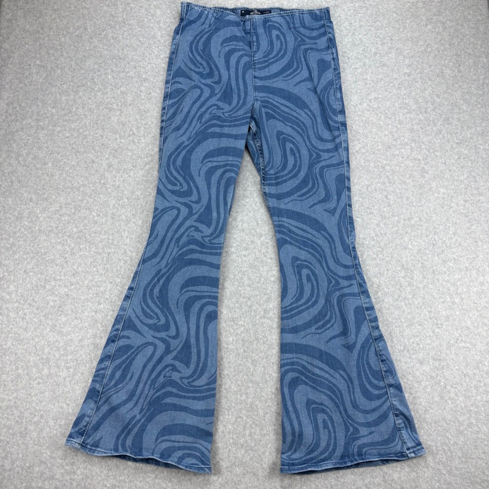 Hollister Jeans Womens M Blue Flare Swirl Print Ultra High Rise Y2K Retro Boho